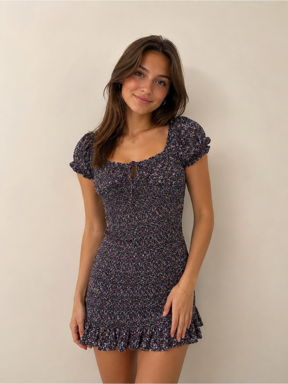 Timing Blue Floral Smocked Puff Sleeve Mini Dress M